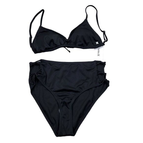 Hurley Ribbed Black 2 Piece Swimsuit Bikini Set Size XL Rib Triangle New - Picture 1 of 8